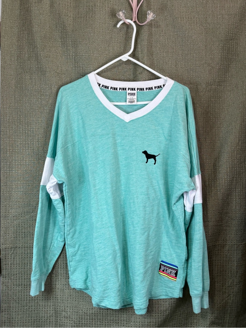 Victoria's Secret PINK Mint Green and White Long-Sleeve Pullover Sz L VGUC